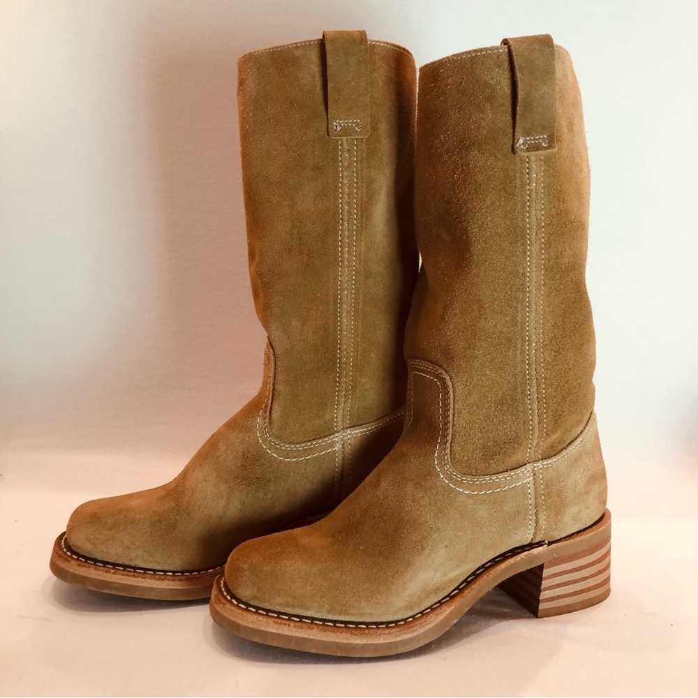 FRYE CAMPUS 12R Tan Mid Calf Suede Leather Boots Stacked wood heel Round toe 6.5 - Picture 6 of 15